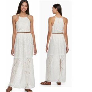 NWT Lily Rose | Halter High Neck White Maxi Dress w/ Lace Overlay | Sz Juniors L